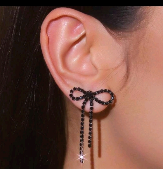 NEW!! Gold Plated Minimalist Black Rhinestones Bow Dangling Drop Post Earrings - Picture 5 of 5